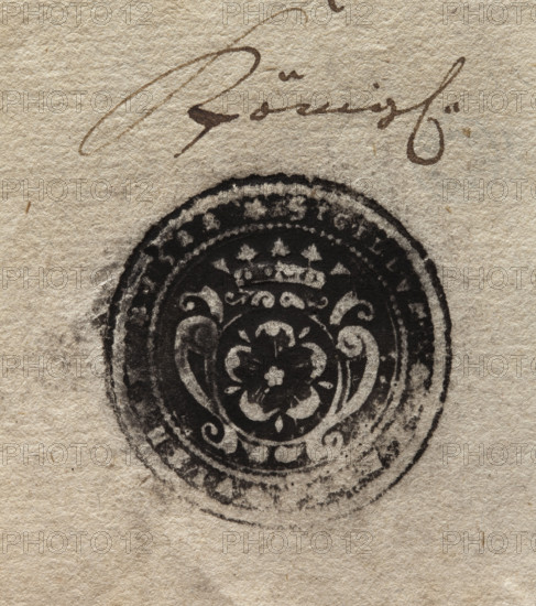 Round ink print of the seal of the town of Zagórów, Konin Voivodeship. In a decorative cartouche under the crown, a 5-petal rose — the Poraj coat of arms. In the rim, the inscription: SIGILLUM., VIENSE 1522. Dated 1522. Poland.