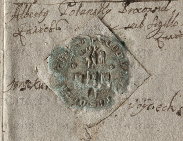 Round dry impression of the city seal of Zawichost (1673). Round seal showing a city wall with an open gate and three battlemented towers; the larger central tower with a window. Above the wall are half a crowned eagle and half a lion. Inscription around the rim: 'SGOCIVI, TIS DE ZA, CHO, T., 1673'. Poland. Stamp.