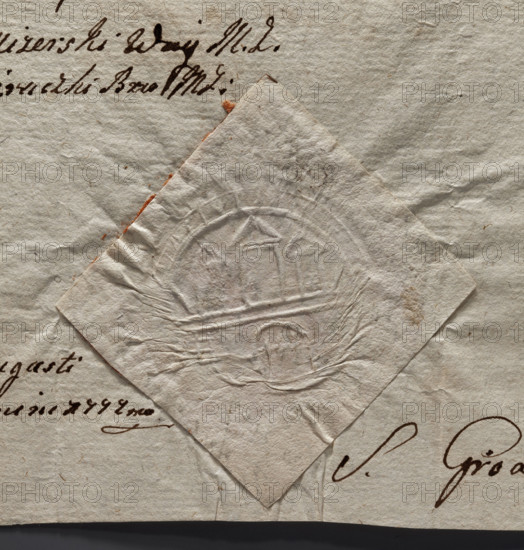 Round dry impression seal of the town of Zarki, Czestochowa Voivodeship. Depicts city wall with a closed gate and three towers with conical roofs, the middle tower larger. Sealed to a document. Inscription: city seal of the town of Zarki. 1772, Poland. Maker: Witold Zurakowski (?-1927)