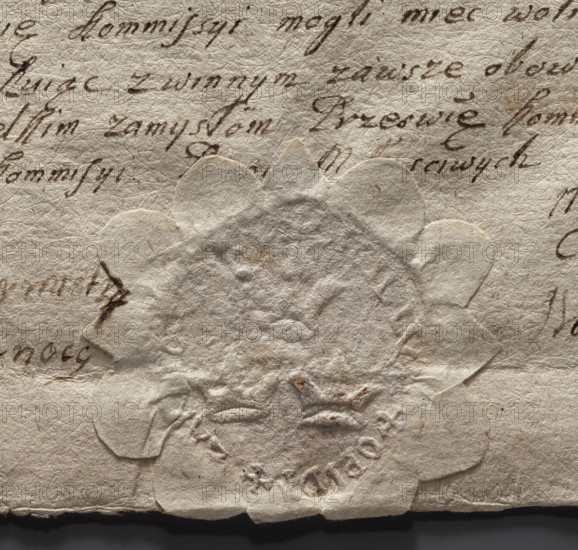 Imprint of the seal of the town of Zarnowiec. In the central field, three crowns (1 and 2). In the rim, the inscription: + SIGILLUM + OPIDI + ZARNOV. Dated 1790, Poland. Seal; dry impression attached to documents; official town seal. Maker: Zurakowski, Witold (?-1927).
