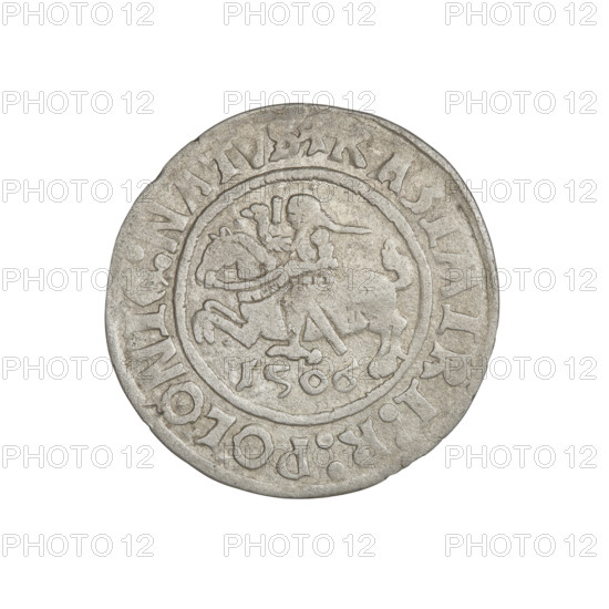 Glogów grosz, Sigismund I the Old (King of Poland; 1506–1548). Obverse: Pogon (coat of arms) with date 1506 below; rim inscription divided by a cross: + KAZIMIRI : POLONIE : NATVS +. Reverse: Polish Eagle; rim inscription divided by a cross: + SIGISMVNDVS : DVX : GLOGOVIE +. Medium (state of preservation), motifs: horses, eagles, claws, wings. Coin, weight 1.86 g, Glogów, Poland.