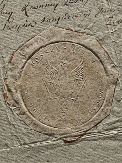 Round seal of the General Crown Confederation. The crowned eagle holds a scepter and a sword. Below, on a small shield, the Pilawa coat of arms. Around the rim is the inscription: PIECZEC GENERAL, EY, FEDERACYI KORONNEY., 1793. Seal; Poland., A close-up of an embossed circular seal pressed into textured beige paper, showing a raised design of a two-headed bird with outstretched wings and a shield-like element, surrounded by a circular border and an octagonal paper frame with rough torn edges; the paper shows creases, wrinkles, and small torn areas with a few hints of reddish residue along some edges, and a few darker brown ink strokes are partially visible on the background paper above the seal.