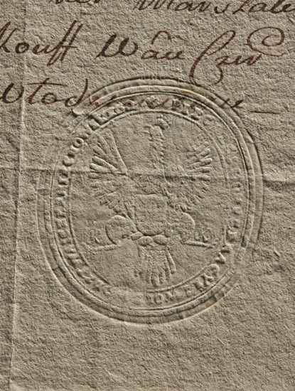 Oval imprint of the seal of the Confederation of the Czerniechów Voivodeship. A crowned eagle with a shield on its chest (coat of arms on the shield illegible). Above the eagle's paws are the letters K X (K). In the rim is the inscription: 'PIECZEC, RACYI WOIEWIEDZTWO CZERNIECHÓW.' The document is an extract from the confederation books. 1792, Poland, stamp., The image shows a close-up of textured beige paper with an embossed oval seal featuring a bird with outstretched wings and a decorative border, and a few curved impressed lines around the seal; above the seal there is cursive handwriting in dark brown ink, and the visible colors include beige, light tan, and dark brown.
