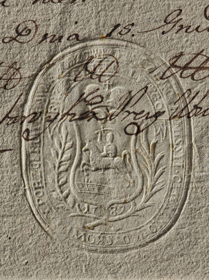 Oval seal impression of the Civil-Military Order Commission of the Brzesko Voivodeship. On the decorative shield under the mitre is the Pogon coat of arms. Below the shield, the date: 1789. Two branches around the shield. In the rim, the inscription: PIECZENC KOMISSYI . CYWILNO . WOYSKOWEY Y . PORZADKOWEY . VOIVODESHIP // BRZESKO - LITTGO., 1789. Poland. Seal., A close-up of textured beige paper with an embossed oval seal showing a central shield containing a figure on an animal and decorative foliage around it, overlaid by a group of flowing dark brown handwritten strokes; visible colors include beige, cream, off-white, dark brown, and a few small yellowish spots.