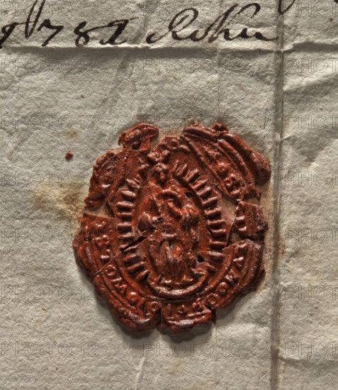 Oval wax impression of the seal of the town of Wolsztyn. In an oval rim with rays, the Virgin Mary with a scepter in her right hand, wearing a crown, standing on a crescent. In the rim is the inscription: . SIGILLUM . OPPIDI . WOLSZ. 1781. Poland, stamp, size 1 28 mm, size 2 31 mm