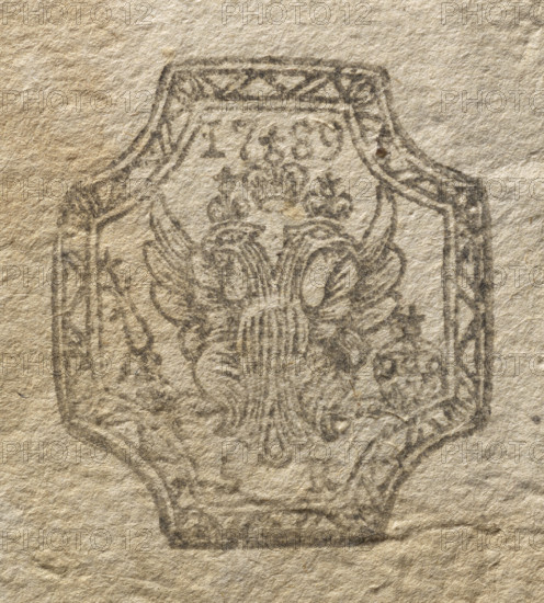 Customs house receipt in Dubienka. In the upper left corner a printed mark — a crowned eagle. Printed mark of the customs house in Dubienka; customs seals; document seals; paper seals; customs receipts. Seal. 1779. Poland, Dubienka. Dimensions: 35 mm and 46 mm. Maker: Witold Zurakowski (?-1927)., The image shows an imprint or drawing on textured paper featuring a decorative shield-like shape with an ornate border and a central motif resembling a stylized double-headed bird with wings and flowing feather details; the paper has a rough fibrous surface and overall tones of beige, tan, and light brown with darker grayish-brown lines forming the design and some subtle variations in those beige and brown shades across the background.