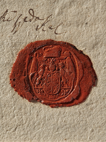 Oval wax seal impression of Prince August Kazimierz Sulkowski (1729–1786). Under the mitre, on an ermine cloak, a five-part shield: 1 and 4 — a double-headed eagle; 2 and 3 — a lion. In the heart field, half an eagle and three stones (2 and 1). Above the helmet in the crown, a jewel. The shield is supported by two lions standing on consoles; below them two orders. The document is a completed form with a wax seal and a signature — a receipt from the Crown Treasury. 1777, Poland., A close-up of a textured beige paper background with a circular red wax seal pressed onto it; the seal shows an embossed, ornate crest with intricate raised details and a slightly cracked, uneven surface, and the paper displays a few darker brownish marks and natural fiber texture around the seal.