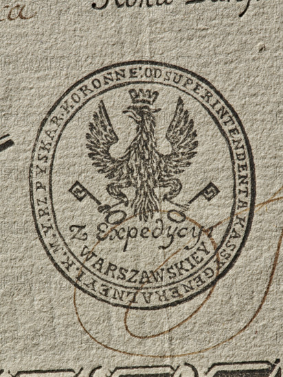 Printed mark of the General Cashier's Office of the Crown Treasury; Crown Treasury Commission; document seals; documents; official seals; state seals; seals with an eagle; seals with an inscription. Document — receipt for payment to the General Cashier's Office of 180,000 Polish zlotys by JW Malachowski, Referendary of the WK Marshal of the Sejm and the Crown Confederation. Oval printed seal with a crowned eagle holding two keys in its paws. Below the eagle the inscription: 'From Expedition.' Around the rim the inscription: 'OD SUPERINTENDENTA KASSY GENERALNEY IK M Y. RZ PY SKAR. KORONNE:'; 1789, Poland; print., A circular stamped design printed on textured beige paper shows a stylized bird with outstretched wings and a crown on its head at the center, flanked by a pair of crossed keys; the stamp ink appears dark brown or black and there are a few curved brown pen strokes overlapping the stamp, with the paper surface showing off-white and tan tones.