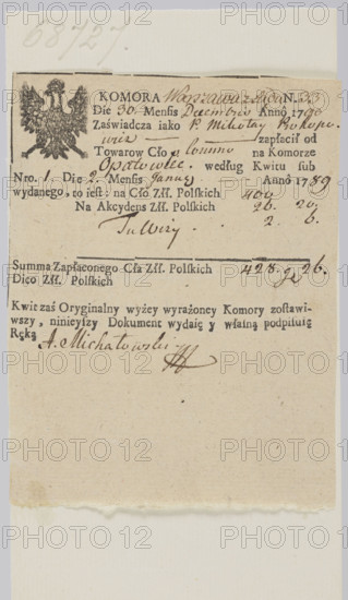 printed mark of the customs chamber in Warsaw; customs chamber; customs seals; document seals; Zurakowski, Witold (?-1927); paper seals; customs receipts; printed mark of the customs chamber in Warsaw — crowned eagle; 1790; Poland, Warsaw; stamp; dimensions 1: 22 mm; dimensions 2: 25 mm