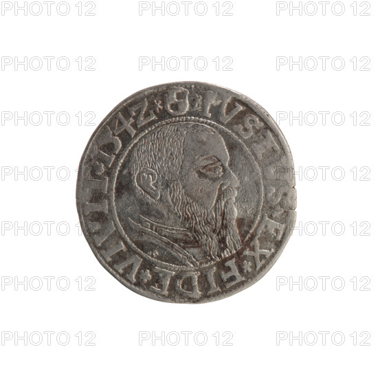 grosz; maker: Straub (Strawb), Heinrich; rarity: R0. Silver coin (grosz), 1542, Königsberg, Ducal Prussia (1525–1701). Obverse: Prussian eagle, on its chest the crowned letter S; in the rim between pearl borders an inscription beginning with a trefoil ALBER*D*G*MAR*BRAN*DVX*PRVSS. Reverse: male bust in armour in profile turned right; short hair, long beard with sideburns; in the rim between pearl borders an inscription starting with the Hohenzollern shield *IVSTVS*EX*FIDE*VIVIT*I54Z*. Iconography: eagles, Hohenzollern coat of arms, trefoils, male busts in armour; Albrecht Hohenzollern (Prince of Prussia; 1490–1568) – iconographic reference. Coin diameter 23.6 mm, weight 1.90 g, axis 200°.