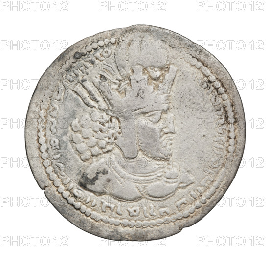 drachma, Shapur I (ruler of Persia; 241–272), altars, busts, crowns, Persia, Sassanid Kingdom, fire altar, korymbos. Obv.: Bust of Shapur I facing right; on his head a cap with ear-rings, on it a crown of masonry with a globe as the universe; curly beard; at the back a tuft of curled hair; on the neck a chain with a clasp; pearl rim. Pahlavi inscription. Rev.: Burning altar; on the sides stand a king and a priest, each holding a spear in one hand and resting the other on the hilt of a sword; in the left field, three balls (forming an inverted triangle); pearl border. Pahlavi inscription. 241–272, Persia, coin, weight 3.72 g