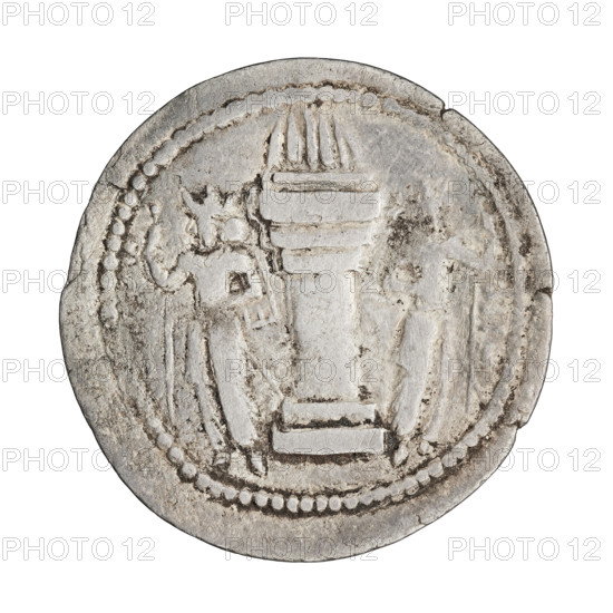 drachma, Shapur I (ruler of Persia; 241–272), altars, busts, crowns, Persia, Sassanid Kingdom, fire altar, korymbos. Obv.: Bust of Shapur I facing right; on his head a cap with ear-rings, on it a crown of masonry with a globe as the universe; curly beard; at the back a tuft of curled hair; on the neck a chain with a clasp; pearl rim. Pahlavi inscription. Rev.: Burning altar; on the sides stand a king and a priest, each holding a spear in one hand and resting the other on the hilt of a sword; in the left field, three balls (forming an inverted triangle); pearl border. Pahlavi inscription. 241–272, Persia, coin, weight 3.72 g