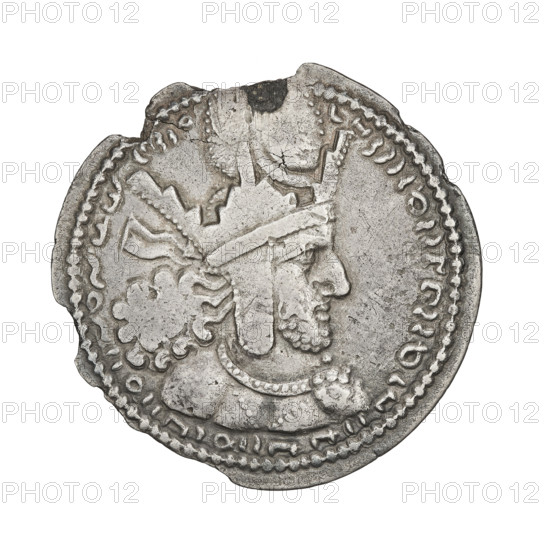 drachma, Shapur I (ruler of Persia; 241–272), busts, crowns, altars, Persia, Sassanid Kingdom, fire altar, korymbos. Obv.: Bust of Shapur I facing right; on his head a cap with ear-rings, on it a crown of masonry with a globe as the universe; curly beard; at the back a tuft of curled hair; on the neck a chain with a clasp; pearl rim. Pahlavi inscription. Rev.: Burning altar; on the sides stand a king and a priest, each holding a spear in one hand and resting the other on the hilt of a sword; in the left field, three balls (forming an inverted triangle); pearl rim. Pahlavi inscription. 241–272, Persia, coin, weight 3.45 g