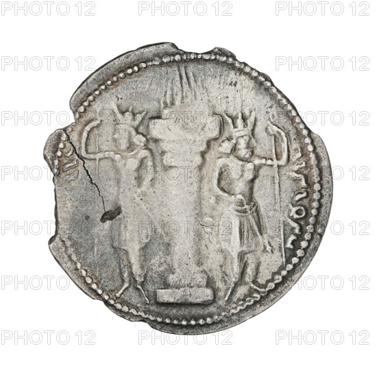 drachma, Shapur I (ruler of Persia; 241–272), busts, crowns, altars, Persia, Sassanid Kingdom, fire altar, korymbos. Obv.: Bust of Shapur I facing right; on his head a cap with ear-rings, on it a crown of masonry with a globe as the universe; curly beard; at the back a tuft of curled hair; on the neck a chain with a clasp; pearl rim. Pahlavi inscription. Rev.: Burning altar; on the sides stand a king and a priest, each holding a spear in one hand and resting the other on the hilt of a sword; in the left field, three balls (forming an inverted triangle); pearl rim. Pahlavi inscription. 241–272, Persia, coin, weight 3.45 g