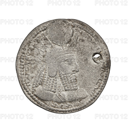 drachma, Bahram I (ruler of Persia; 271–274), busts, crowns, Iran, korymbos, Persia, fire altar, Sassanid art, Sassanid Kingdom. Obv.: Bust of Bahram I facing right; on his head is a crown topped with a korymbos, hair and beard curled; pearl border. Legend in Pahlavi. Rev.: Fire altar; at the sides stand the king and priest (or god), each holding a scepter in one hand, the other resting on the hilt of a sword; pearl border. Pahlavi inscription, 273–279. Persia, coin, diameter 24.5 x 25.5 mm, weight 4.32 g.
