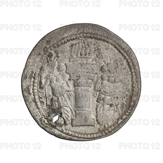 drachma, Bahram I (ruler of Persia; 271-274), busts, crowns, Iran, korymbos, Persia, fire altar, Sassanid art, Sassanid Kingdom. Obv.: Bust of Bahram I facing right; on his head is a crown topped with a korymbos, hair and beard curled; pearl border. Legend in Pahlavi. Rev.: Fire altar; at the sides stand the king and priest (or god), each holding a scepter in one hand, the other resting on the hilt of a sword; pearl border. Pahlavi inscription, 273–279. Coin: diameter 24.5 x 25.5 mm, weight 4.32 g.