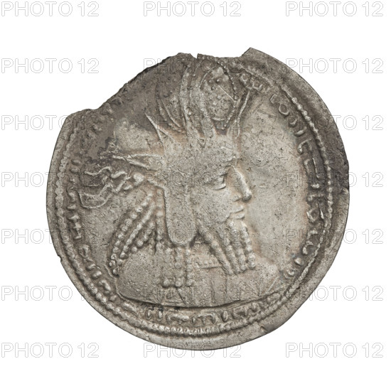 drachma, Bahram I (ruler of Persia; 271–274), busts, crowns, Iran, korymbos, Persia, fire altar, Sassanid art, Sassanid Kingdom, Obv.: Bust of Bahram I in a crown with korymbos, Pahlavi legend, pearl rim. Rev.: Fire altar with two guards (king and priest), Pahlavi legend, coin with pearl rim, 273–279, Persia, coin, coin: dia. 27.0 x 27.5 mm, weight 3.90 g