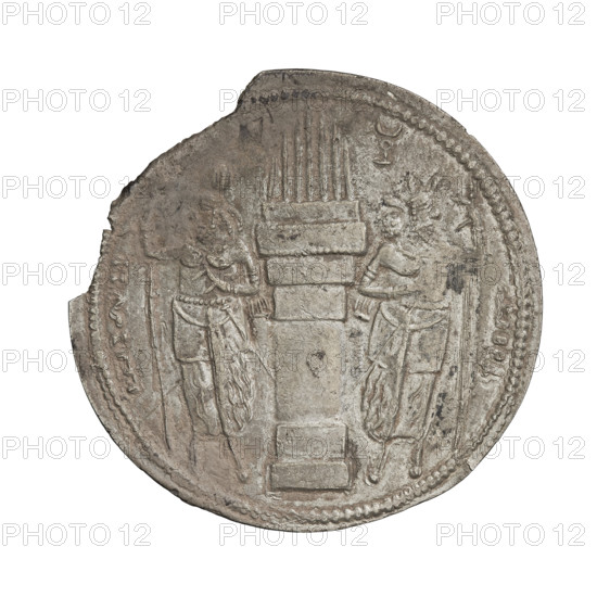 Drachma of Bahram I (ruler of Persia; reign c. 271–274). Obverse: Bust of Bahram I wearing a crown with korymbos, Pahlavi legend, pearl rim. Reverse: Fire altar with two attendants (king and priest), Pahlavi legend, pearl rim. Sassanid art; Sassanid Kingdom. Coin dated 273–279. Coin: diameter 27.0–27.5 mm, weight 3.90 g. Subjects: busts, crowns, korymbos, Persia, Iran, fire altar.
