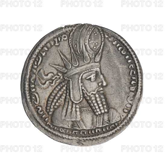 drachma, Bahram I (ruler of Persia; 271–274), bust, Iran, Persia, Sassanid Kingdom, korymbos, Sassanid art, crowns, fire altar. Obv.: Bust of Bahram I facing right; on his head a crown of rays and korymbos, curled hair and beard; pearl border. Pahlavi inscription. Rev.: Burning altar; on the sides stand the king and a priest/deity?, each holding a scepter in one hand, the other resting on the hilt of a sword; pearl border. Pahlavi inscription. Right-field symbol. 271–274, Persia, Sassanid Kingdom (224–651). Coin: diameter 26.0 mm, weight 4.20 g