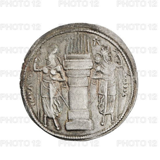 drachma, Bahram I (ruler of Persia; 271–274), busts, Iran, Persia, Sassanid Kingdom, korymbos, Sassanid art, crowns, fire altar. Obv.: Bust of Bahram I facing right; on his head a crown of rays and korymbos, curled hair and beard; pearl border. Pahlavi inscription. Rev.: Burning altar; on the sides stand the king and a priest/deity?, each holding a scepter in one hand, the other resting on the hilt of a sword; pearl border. Pahlavi inscription. Right field symbol. 271–274. Persia, Sassanid Kingdom (224–651). Coin: diameter 26.0 mm, weight 4.20 g.