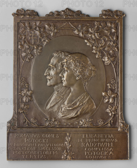 Obv.: in a medallion surrounded by vines and flowers, placed inside a square, outside decorated with vines. Medallion with two busts in left profile: in the foreground a woman's bust with curly hair tied in a bun, in a dress with a neckline; in the background a man's bust with curled mustache, in a shirt with a stiff collar and a jacket. Outside the medallion, at the top on both sides there are coats of arms; at the bottom inscriptions in two columns separated by a flower. Maker: Chodzinski, Kazimierz Mieczyslaw (1861–1921) / Chodzinski, Kazimierz (1861–1919). Subjects: Roman Potocki (1852–1915) and Elzbieta Potocka, née Radziwill (1861–1950) — iconography. Date: 1917. Place: Poland (Vienna). Medium: plaque. Dimensions: 1,157 mm; 2,197 mm.