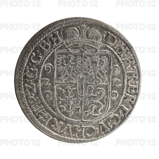Obv. Bust facing right in mitre and electoral mantle. In the right hand a sceptre, the left resting on a sword hilt. The figure's head divides the inner border. In the rim between the borders is an inscription ending with a heart GEORG:WILHELM:V:G:G:M:Z:BRAN. Rev. Below the ducal mitre, a five-field coat of arms with ornaments. On the sides of the shield are the date numerals ZZ. In the rim between the borders an inscription divided by a mitre :D:H:R:R:ERT:C:V:CHVRF:I:P:Z:G:G:B:H:. 1622. Ducal Prussia (1525–1701), Königsberg. Coin; diameter 30.0 mm; weight 7.58 g; axis 330°.