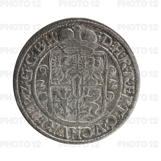Obv.: Bust facing right in mitre and electoral mantle; right hand holds a sceptre, left rests on a sword hilt. Figure's head divides the inner border. Rim inscription ending with a heart: GEORG:WILHELM:V:G:G:M:Z:BRAN. Rev.: Under the ducal mitre, a five-field coat of arms with ornaments; date numerals ZZ at sides of shield. Rim inscription divided by a mitre: :D:H:R:R:ERT:C:V:CHVRF:I:P:Z:G:C:B:H:. Date: 1622. Ducal Prussia (1525–1701), Königsberg. Coin, diameter 29.7 mm, weight 5.86 g, axis 0°.