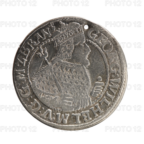 Obv.: Bust facing right in mitre and electoral mantle; right hand holding a sceptre, left resting on a sword hilt; figure's head divides the inner border. Rim inscription ending with a heart: 'GEORG:WILHELM:V:G:G:M:Z:BRAN'. Rev.: Below the ducal mitre, a five-field coat of arms with ornaments; date numerals 'ZZ' on sides of the shield. Rim inscription divided by a mitre and ending with a heart: 'D:H:R:R:ERT:C:V:CHVRF:I:P:Z:G:, :H'. 1622. Königsberg, Ducal Prussia (1525–1701). Coin; diameter 32.0 mm; weight 6.38 g; axis 0°.