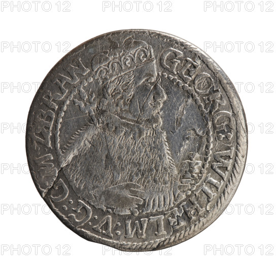 Obv. Bust facing right in mitre and electoral mantle. A sceptre in his right hand, the left resting on a sword hilt. The figure's head divides the inner border. In the rim between the borders is the inscription GEORG:WILHELM:V:G:, M:Z, BRAN Rw. Below the ducal mitre is a five-field coat of arms with ornaments. On the sides of the shield are the date numerals, -3. In the rim between the borders an inscription divided by a mitre D:H:R:R:ERT:C:V:CHVRF:I:P:Z:G:C:B:H:, 1623. George William Hohenzollern (Elector of Brandenburg; Duke of Prussia; 1620–1640). Ducal Prussia (1525–1701), Königsberg. Coin: diameter 30.0 mm, weight 5.87 g, axis 0°. Coats of arms, male busts in armor; iconography. Maker: Ernest Pfahler; Department of Coins of Lands Associated with Poland.