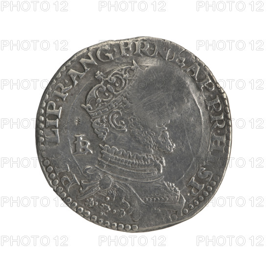 Lithuanian half-thaler (mezzo ducato with countersignature), Sigismund II Augustus (King of Poland; 1544–1572) — countersignature by Giovanni Battista Ravaschiero (fl. 1525–1560), publisher; mezzo ducato issued for Philip II Habsburg (King of Naples and Sicily; 1554–1598). Obverse: crowned male bust in armour turned right; rim inscription PHILIP.R.ANG.FR.NEAP.PR.HISP.; mintmaster's mark: tied monogram IBR Rw in coin field. Reverse: crowned oval multi-field heraldic shield; divided rim inscription PO-SVIMVS.DEVM.ADTOREM.N-OS; countersignature of King Sigismund Augustus: tied monogram SA in rim under crown dividing the date 15–64 (1554–1560/1564). Issued in the Grand Duchy of Lithuania (Vilnius) and Kingdom of Naples (Naples); Polish coin; features coats of arms, countermarks, countersignatures, heraldic shields, and royal bust.