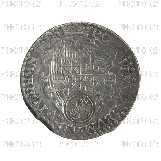 Lithuanian half-thaler (mezzo ducato with countersignature), Sigismund II Augustus (King of Poland; 1544–1572), countersignature by Giovanni Battista Ravaschiero (fl. 1525–1560), mezzo ducato attributed to Philip II Habsburg (King of Naples and Sicily; 1554–1598). Habsburgs (family), Jagiellonians (dynasty). Coats of arms, countermarks (numismatics), royal bust, Polish coin, heraldic shields, male busts, countersignatures, heraldic shields under a crown, obverse. Crowned male bust in armour turned right, inscription on rim: PHILIP.R.ANG.FR.NEAP.PR.HISP.; mintmaster's mark: tied monogram composed of letters IBR Rw in the coin field. Reverse: crowned oval multi-field heraldic shield, rim inscription divided: PO-SVIMVS.DEVM.AD.TOREM.N-OS. Countersignature of King Sigismund Augustus: tied monogram SA in the rim under the crown, dividing the date 15-64 (1554–1560/1564). Grand Duchy of Lithuania; Vilnius; Kingdom of Naples (1282–1816); Naples; Poland; coin.