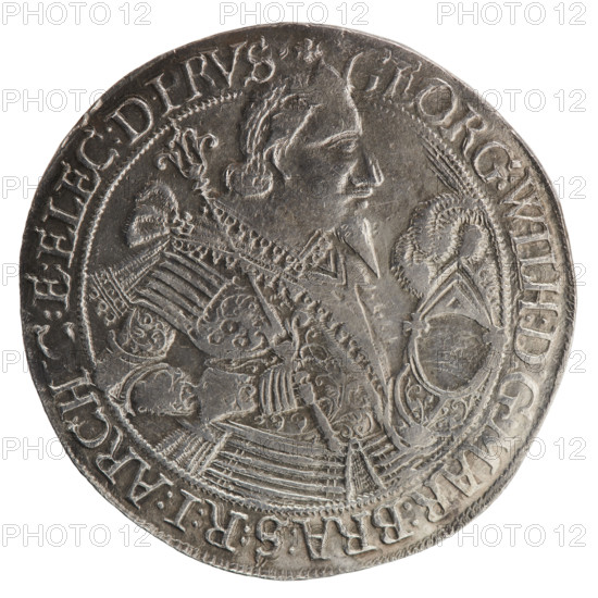 Half thaler, 1636. Obverse: torso facing right in collar and decorative armour, girded with a sash, sceptre in right hand, helmet with raised visor and plume in left hand; figure's head divides the inner border. Rim inscription: +GEORG:WILH:D:G:MAR:BRA:S:R:I:ARCH,C:E:ELEC:D:PRVS. Reverse: under the ducal mitre, a nine-field coat of arms with letters D - K on both sides of the shield; rim inscription ending with a heart and divided by a mitre, above which I, - 36 MO, NOVA.ARGENTEA.DVCIS.PRVSSIAE. George William Hohenzollern (Elector of Brandenburg; Duke of Prussia; 1620–1640) — Ducal Prussia (1525–1701), Königsberg. Coin: diameter 37.1 mm, weight 14.21 g, axis 135°. Maker: Koch, Dawid; Ernest Pfahler.