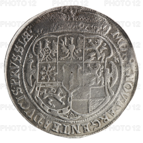 Half thaler, male busts in armour, coats of arms; George William Hohenzollern (Elector of Brandenburg; Duke of Prussia; 1620–1640) — iconography. Obverse: torso facing right in collar and decorative armour, girded with a sash, sceptre in right hand, helmet with raised visor and plume in left hand; the figure's head divides the inner border. In the rim, between the borders, inscription '+GEORG:WILH:D:G:MAR:BRA:S:R:I:ARCH,C:E:ELEC:D:PRVS.' Reverse: under the ducal mitre, a nine-field coat of arms; on both sides of the shield letters 'D - K'. In the rim, between the borders, an inscription ending with a heart and divided by a mitre, above which 'I, - 36 MO, NOVA.ARGENTEA.DVCIS.PRVSSIAE, 1636.' Ducal Prussia (1525–1701), Königsberg. Coin diameter 37.1 mm; weight 14.21 g; axis 135°. Maker: Koch, Dawid; Ernest Pfahler.