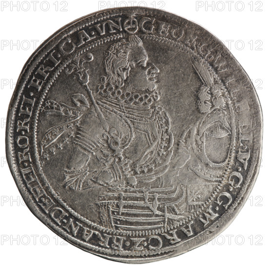 Thaler, eagles, male busts in armor; George William of Hohenzollern (Elector of Brandenburg; Prince of Prussia; 1620–1640) — iconography. Obverse: torso facing right in a ruff and decorative armor girded with a sash, a scepter in his right hand, left hand resting on a helmet with raised visor and plume standing on a table. Figure's head divides the inner border. In the rim between the borders an inscription beginning with an orb: GE. WIL. LVGGMARC. Z. BRAN. DE. HEI. RO. REI. ERT. CA. VN. Reverse: Prussian eagle; on its breast within a crowned heart shield a monogram composed of the letters SA. On both sides of the eagle are the date numerals 16 - 20. In the rim between the borders an inscription starting with an orb: PR. ZG. C. VN. BE. SIPD: CWAISZKVIHBZNFZRGZD. Under the eagle's claws, on both sides L - M, 1620. Ducal Prussia (1525–1701), Berlin, Brandenburg. Coin: diameter 44.2 mm, weight 28.07 g, axis 225°.