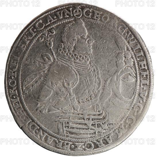 Thaler, Liborius Müller the Younger (1620–1642), Kantor, male busts in armour, eagles, George William Hohenzollern (Elector of Brandenburg; Duke of Prussia; 1620–1640) — iconography. Obverse: torso facing right in a ruff and decorative armour girded with a sash, a sceptre in his right hand, the left hand resting on a helmet with a raised visor and plume standing on a table; the figure's head divides the inner border. In the rim, between the borders, an inscription beginning with a royal orb GEO, G.WILHEL.VGGMARC.Z.BRAN.DE.HEI.RO.REI.ERT.CA.VN. Reverse: Prussian eagle, on its breast in a crowned heart shield a monogram composed of the letters SA; on both sides of the eagle, the date numerals 16 - 20. In the rim, between the borders, an inscription beginning with a royal orb CHVR.I.PR.ZG,.VN.BE.SIPDWAISZKVIHB,.FZRGZD. Under the eagle's claws, on both sides L - M, 1620. Ducal Prussia (1525–1701). Coin: diameter 42.8 mm, weight 28.64 g, 30° axle.