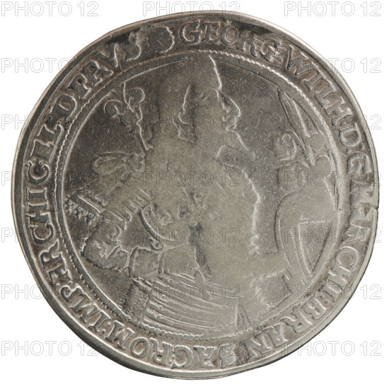 Thaler, ca. 1630, obverse: Male torso facing right in collar and decorative armour girded with a sash, sceptre in right hand, helmet with raised visor and plume in left hand; rim inscription beginning with rosette GEORG:WILH:D:G:MARCHI:BRAN:SAC:ROM:IMP:ARCHIC:, L:DPRVS. Reverse: twenty-four-field coat of arms with ornaments topped with seven jewels; date numerals 16-30 separated by jewels; half-rim inscription ending with a heart, ANFAN, K.BEDENCK.DA, NDE, 1630. Iconography: George William Hohenzollern (Elector of Brandenburg; Duke of Prussia; 1620–1640). Place: Ducal Prussia (1525–1701), Königsberg. Coin: diameter 44.6 mm, weight 28.2 g, axis 135°. Maker: Ernest Pfahler; Kantor, Bogumil (inscription attribution).