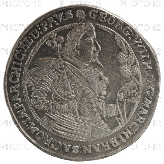 Thaler, obverse: torso facing right in collar and decorative armor girded with a sash, sceptre in right hand, helmet with raised visor and plume in left hand; rim inscription beginning with a rosette GEORG:WILH:D:G:MARCHI:BRAN:SAC:ROM:IMP:ARCHIC:EL:DPRVS. Reverse: twenty-four-field coat of arms with ornaments topped with seven jewels; date numerals 16-34 separated by jewels; half-rim inscription ending with a heart +ANFANCK.BEDENCK.DAS.ENDE. Maker/date: George William of Hohenzollern (Elector of Brandenburg; Duke of Prussia; 1620–1640). 1634, Königsberg, Ducal Prussia (1525–1701). Coin: thaler; diameter 45.0 mm; weight 28.70 g; axis 90°.