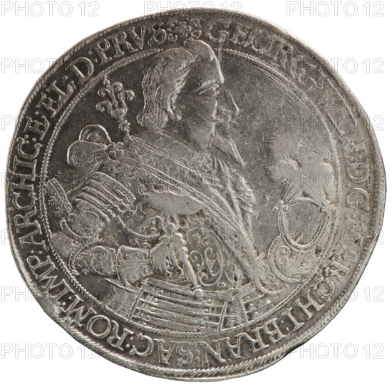 Thaler, Koch, Dawid, publisher Ernest Pfahler. Male bust in armour; coats of arms. George William Hohenzollern (Elector of Brandenburg; Duke of Prussia; 1620–1640) — iconography. Obverse: torso facing right in collar and decorative armour girded with a sash, sceptre in right hand, helmet with raised visor and plume in left hand; the figure's head divides the inner border. In the rim, between the borders, an inscription beginning with a cross with plant motifs: GEORG.WILH:D:G:MARCHI:BRAN:SAC:ROM:IMP:ARCHIC:E:EL:D:PRVS. Reverse: under the ducal mitre, a nine-field coat of arms with ornaments; on both sides of the shield letters D - K. Above the mitre, separated date numerals 16 - 36. In the rim, between the borders, an inscription separated by the mitre and ending with a heart, between the words stars MONETA.NOWA.ARGENTEA.DVCIS.PRVSSIAE. Date 1636. Issued in Ducal Prussia (1525–1701), Königsberg. Coin: diameter 44.5 mm, weight 28.58 g, axis 135°.