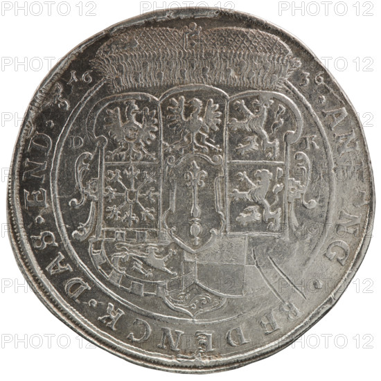Thaler, publisher Ernest Pfahler; obverse: male bust in collar and decorative armour facing right, girded with a sash, sceptre in right hand, helmet with raised visor and plume in left hand; head divides the inner border. Rim inscription beginning with a cross with plant motifs: GEORG.WILH:D:G:MARCHI:BRAN:SAC:ROM:IMP:ARCHIC:E:EL:D:PRVS. Reverse: under the ducal mitre, a nine-field coat of arms with ornaments; on both sides of the shield letters D - K; above the mitre, separated date numerals 16 - 36. Rim inscription separated by the mitre and ending with a heart, with stars between words: MONETA.NOWA.ARGENTEA.DVCIS.PRVSSIAE, 1636. Subject: George William Hohenzollern (Elector of Brandenburg; Duke of Prussia; 1620–1640). Ducal Prussia (1525–1701), Königsberg. Coin: diameter 44.5 mm, weight 28.58 g, axis 135 degrees.