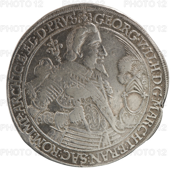 Thaler, obverse: male bust in armour facing right in collar and decorative armour girded with a sash, sceptre in right hand, helmet with raised visor and plume in left hand; figure's head divides the inner border. Rim inscription beginning with a cross with plant motifs: GEORG.WILH:D:G:MARCHI:BRAN:SAC:ROM:IMP:ARCHIC:E:EL:D:PRVS. Reverse: under the ducal mitre, a nine-field coat of arms with ornaments; on both sides of the shield letters D - K. Above the mitre, separated date numerals 16 - 36. Rim inscription separated by the mitre and ending with a heart, with stars between words: MONETA.NOWA.ARGENTEA.DVCIS.PRVSSIAE. Date: 1636. Issued for George William Hohenzollern (Elector of Brandenburg; Duke of Prussia; 1620–1640). Duchy: Ducal Prussia (1525–1701), Königsberg. Coin: diameter 44.7 mm, weight 28.57 g, axis 220°. Maker/publisher names recorded: Ernest Pfahler; Koch; Dawid. Coats of arms; iconography noted.