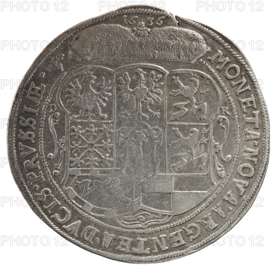 Thaler; Ernest Pfahler, Koch, Dawid, publisher; coats of arms; male busts in armour; George William Hohenzollern (Elector of Brandenburg; Duke of Prussia; 1620–1640) — iconography. Obv.: torso facing right in collar and decorative armour girded with a sash, sceptre in right hand, helmet with raised visor and plume in left hand; the figure's head divides the inner border. In the rim, between the borders, an inscription beginning with a cross with plant motifs: GEORG.WILH:D:G:MARCHI:BRAN:SAC:ROM:IMP:ARCHIC:E:EL:D:PRVS. Rev.: under the ducal mitre, a nine-field coat of arms with ornaments; on both sides of the shield letters D - K. Above the mitre, separated date numerals 16 - 36. In the rim, between the borders, an inscription separated by the mitre and ending with a heart, between the words stars MONETA.NOWA.ARGENTEA.DVCIS.PRVSSIAE, 1636. Ducal Prussia (1525–1701), Königsberg. Coin: diameter 44.7 mm; weight 28.57 g; axis 220°.