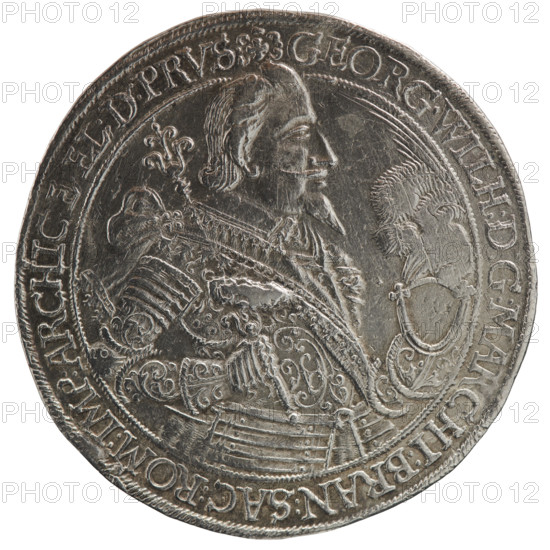 Thaler, Koch, Dawid, Ernest Pfahler, publisher; male bust in armour, coats of arms; George William Hohenzollern (Elector of Brandenburg; Duke of Prussia; 1620–1640) — iconography. Obverse: torso facing right in collar and decorative armour girded with a sash, sceptre in right hand, helmet with raised visor and plume in left hand; the figure's head divides the inner border. In the rim, between the borders, an inscription beginning with a cross with plant motifs: GEORG.WILH:D:G:MARCHI:BRAN:SAC:ROM:IMP:ARCHIC:E:EL:D:PRV. Reverse: under the ducal mitre, a nine-field coat of arms with ornaments; on both sides of the shield letters D and K. Below the shield, separated date numerals 16 - , 6. In the rim, between the borders, an inscription separated by the mitre and ending with a heart, with rosettes between words: +ANFANCK+BEDENCK+DAS+ENDE+; 1636. Ducal Prussia (1525–1701), Königsberg. Coin: diameter 44.2 mm, weight 28.68 g, axis 45°.