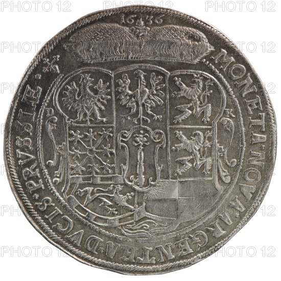 Thaler; male bust in armour, coats of arms; George William Hohenzollern (Elector of Brandenburg; Duke of Prussia; 1620–1640) — iconography. Obverse: torso facing right in collar and decorative armour girded with a sash, sceptre in right hand, helmet with raised visor and plume in left hand; the figure's head divides the inner border. Rim inscription beginning with a cross with plant motifs: GEORG.WILH:D:G:MARCHI:BRAN:SAC:ROM:IMP:ARCHIC:E:EL:D:PRV. Reverse: under the ducal mitre, a nine-field coat of arms with ornaments; on both sides of the shield the letters D - K; below the shield, separated date numerals 16 - , 6. Rim inscription separated by the mitre and ending with a heart, with rosettes between words: +ANFANCK+BEDENCK+DAS+ENDE+; 1636. Ducal Prussia (1525–1701), Königsberg. Coin: diameter 44.2 mm, weight 28.68 g, axis 45°.