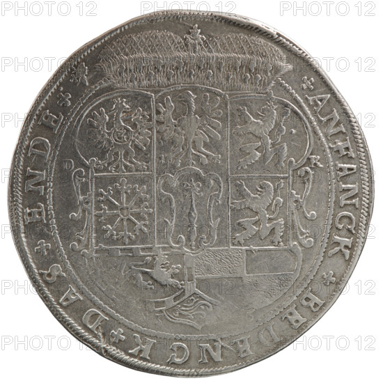 Thaler; obverse: torso facing right in a collar and decorative armour girded with a sash, sceptre in right hand, helmet with raised visor and plume in left hand; figure's head divides the inner border. Rim inscription beginning with a cross with plant motifs: GEO, GW, H:D:G:MARCHI:BRAN:SAC:ROM:IMP:ARCHIC:E:EL:D:PRVS. Reverse: under the ducal mitre separating the numerals 16 - 36, a nine-field coat of arms with ornaments; on both sides of the shield letters D - K; rim inscription divided by the mitre and ending with a heart: AN, NG.BEDENCK.DAS.END., dated 1636. Subject: George William Hohenzollern (Elector of Brandenburg; Duke of Prussia; 1620–1640) — iconography. Duchy: Ducal Prussia (1525–1701), Königsberg. Coin: diameter 44.5 mm, weight 28.46 g, axis 180°.