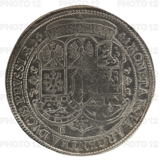 Thaler, ca. 1641. Obverse: torso in mitre and electoral mantle turned right, sceptre in right hand, left resting on sword hilt; figure's head divides inner border and rim; rim inscription FRID, WILH:D:G:MAR:BRA:SA:ROM:IMP:ARCH:E:EL:D:PR:. Reverse: under ducal mitre, dividing date numerals 16 -41, a nine-field coat of arms with ornaments; at bottom, on both sides of the shield D - K; rim inscription MONETA NOVA ARGENTEA DVCIS PRVSSIAE. Frederick William I Hohenzollern (Great Elector of Brandenburg; Duke of Prussia; 1620–1688) — Ducal Prussia (1525–1701), Königsberg. Coin: silver, diameter 45.8 mm, weight 28.59 g, axis 0°.