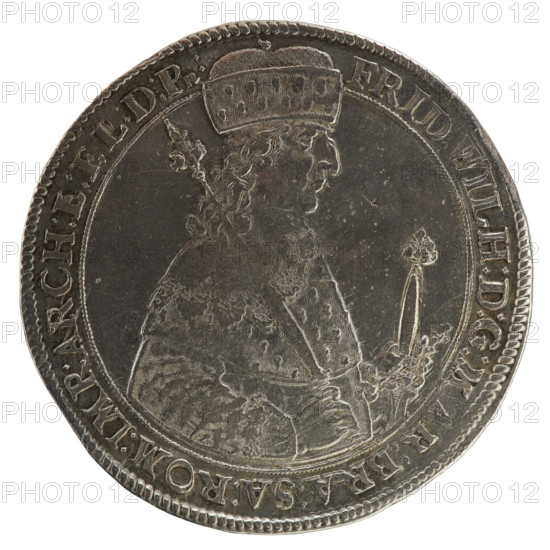 Thaler, ca. 1641. Obverse: torso in mitre and electoral mantle turned right, sceptre in right hand, left resting on sword hilt; figure's head divides the inner border and rim; rim inscription 'FRID, WILH:D:G:MAR:BRA:SA:ROM:IMP:ARCH:E:EL:D:PR:'. Reverse: under ducal mitre, dividing date numerals 16 -41, a nine-field coat of arms with ornaments; at bottom, on both sides of the shield D - K; rim inscription 'MONETA NOVA ARGENTEA DVCIS PRVSSIAE'. Ducal Prussia (1525–1701), Königsberg. Coin: diameter 45.8 mm, weight 28.59 g, axis 0°. Maker: Koch, Dawid; engraving: Bogumil Kantor.