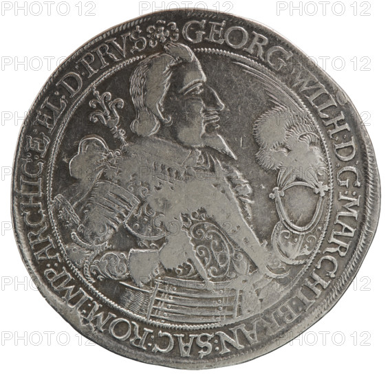 Thaler; maker: Koch, Dawid; publisher: Ernest Pfahler. Department of Coins of Lands Associated with Poland. Obverse: male bust/torso facing right in a collar and decorative armour girded with a sash, holding a sceptre in his right hand and a helmet with raised visor and plume in his left; the figure's head divides the inner border. Rim inscription beginning with a cross with plant motifs: GEORG.WILH:D:G:MARCHI:BRAN:SAC:ROM:IMP:ARCHIC:E:EL:D:PRVS. Reverse: under the ducal mitre, dividing the date numerals 16-36, a nine-field coat of arms with ornaments; letters D - K on both sides of the shield. Rim inscription divided by the mitre and ending with a heart: .ANFANG.BEDENG.DAS, END. Date: 1636. Subject/iconography: George William Hohenzollern (Elector of Brandenburg; Duke of Prussia; 1620–1640). Place: Ducal Prussia (1525–1701), Königsberg. Object: coin (thaler); diameter 44.6 mm; weight 28.29 g; axis 315°.