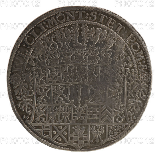 Thaler (ca. 1642). Obverse: male torso facing right in collar and decorative armour, girded with a sash, mace in right hand, helmet with raised visor and plume in left hand; rim inscription beginning with a rosette between two rhombuses FRID:WILH:D:G:MAR:BRA:SA:ROM:IMP:ARCH:E:EL:D:PR. Reverse: 24-field coat of arms shield with ornaments, topped with seven jewels; on both sides of the shield letters D - K; date numerals below separated by a shield 16 - 42; upper half-rim inscription IVL:CLI:MONT:STET,POM:&,1642. Ducal Prussia (1525–1701), Königsberg. Coin: diameter 45.0 mm, weight 28.38 g, axis 45°.