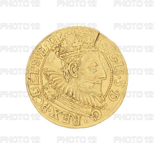 Gdansk ducat, Klüwer, Filip (fl. 1588–1601); portrait of Sigismund III Vasa (King of Poland, 1587–1632). Obverse: in a beaded border a bust of the king in crown and armour, with a lying ruff and a lion's head on his shoulder, interrupted at the top by the rim legend 'SIGIS.3.D : G .REX. POL.ET.SVE.DP'. Reverse: in a pearl border two lions supporting a shield with the coat of arms of Gdansk, above it a monogram with the letters P, K; in the rim '.MONE.NO.AVR.CIVI.GEDANENSIS.96.' At the top in the rim the mint master's mark — a hand with a dagger. 1596, Gdansk, Poland; coin; weight 3.50 g; axis 270°.