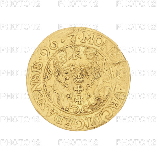 Gdansk ducat, Klüwer, Filip (fl. 1588–1601); Sigismund III Vasa (King of Poland; 1566–1632). Obverse: in a beaded border a bust of the king in crown and armour, with a lying ruff and a lion's head on his shoulder, interrupted at the top by the rim legend: SIGIS.3.D : G .REX. POL.ET.SVE.DP. Reverse: in a pearl border two lions supporting a shield with the coat of arms of Gdansk, above it a monogram with the letters P, K. In the rim: .MONE.NO.AVR.CIVI.GEDANENSIS.96. At the top in the rim the mint master's mark — a hand with a dagger. 1596, Gdansk, Poland. Coin; weight 3.50 g; axis 270°.